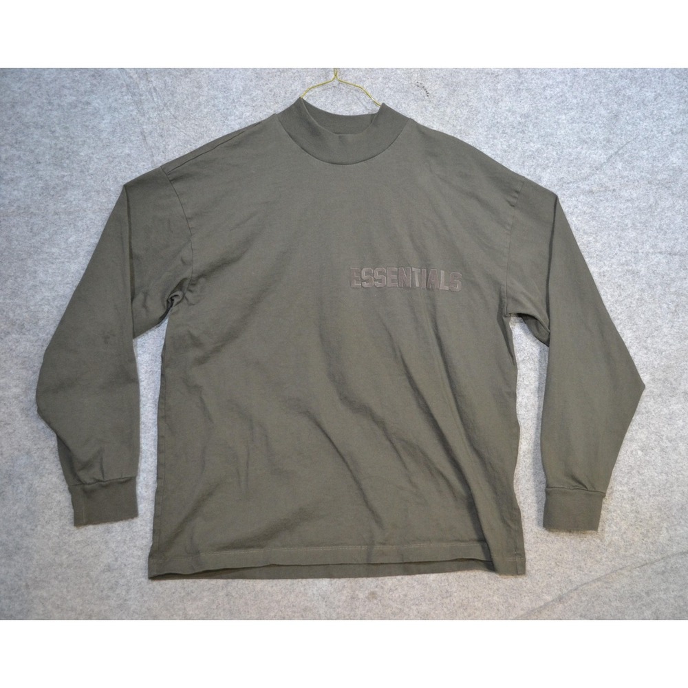 Fear Of God Essentials Shirt Mens Small Green Mock Neck Long Sleeve Logo Tee